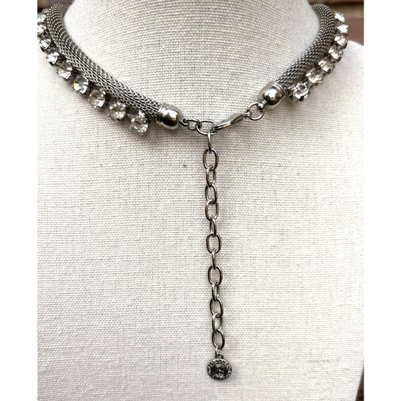 Graziano Silver Tone Mesh w/ Clear Rhinestone & Spikes Necklace Goth Biker Edgy - Picture 5 of 12